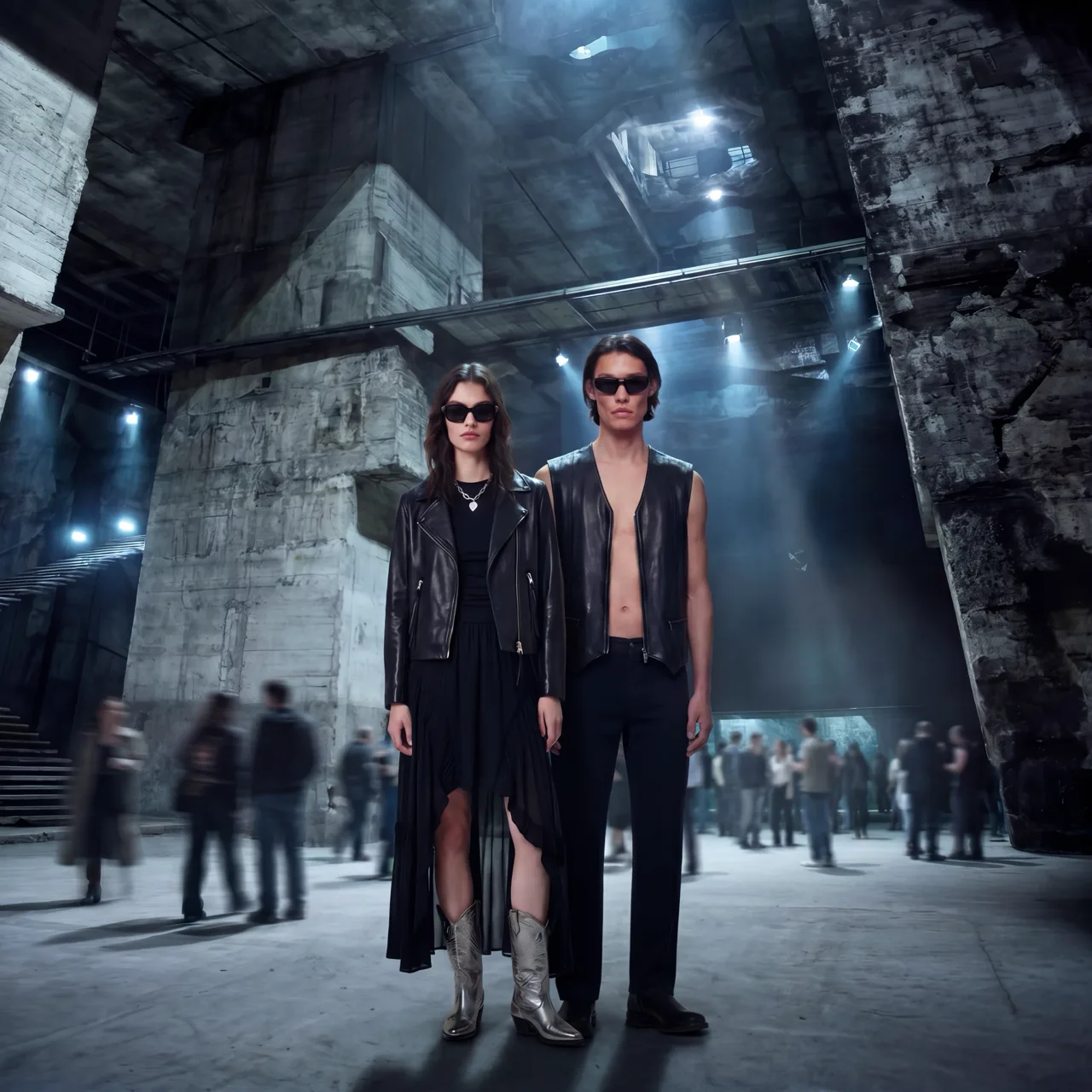 Two models in black leather inside the car park
