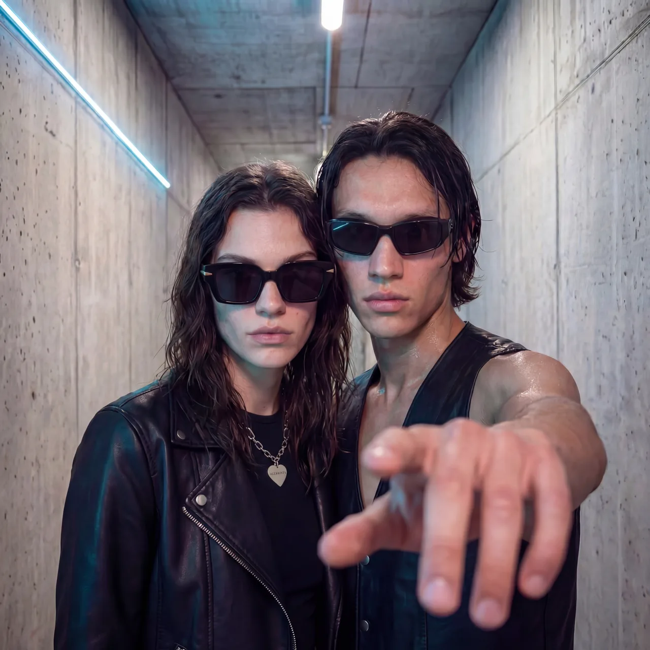AllSaints Festival concept campaign, couple in leather jackets and sunglasses reaching to camera