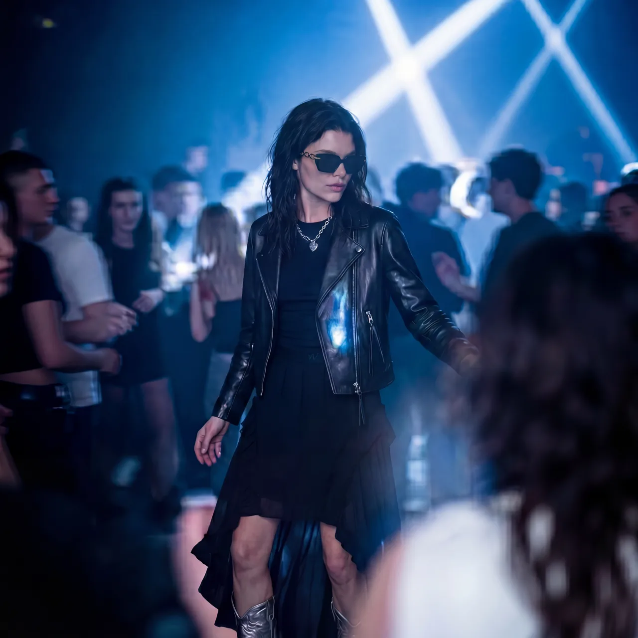 Model in sunglasses crossing a crossing at night