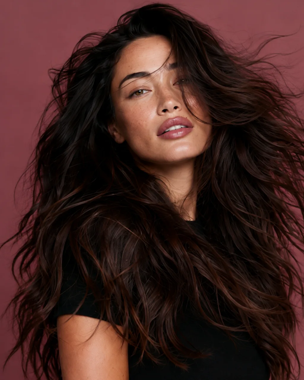 Model with long glossy dark hair against a plum backdrop