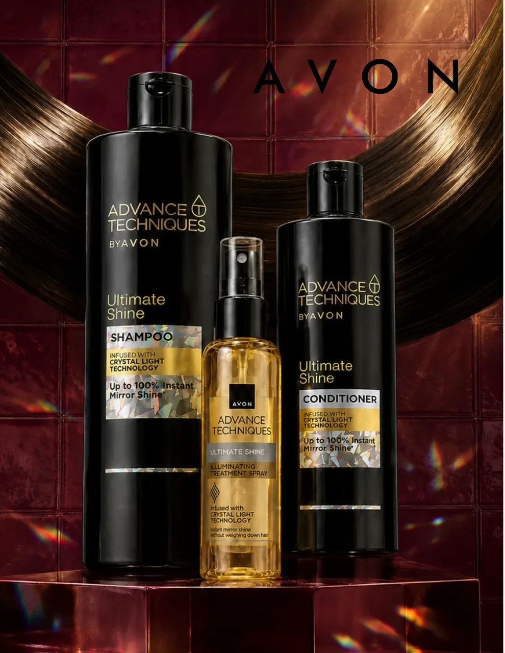Avon Advance Techniques key visual: the Ultimate Shine shampoo, conditioner and treatment spray on burgundy tile, with the Avon wordmark