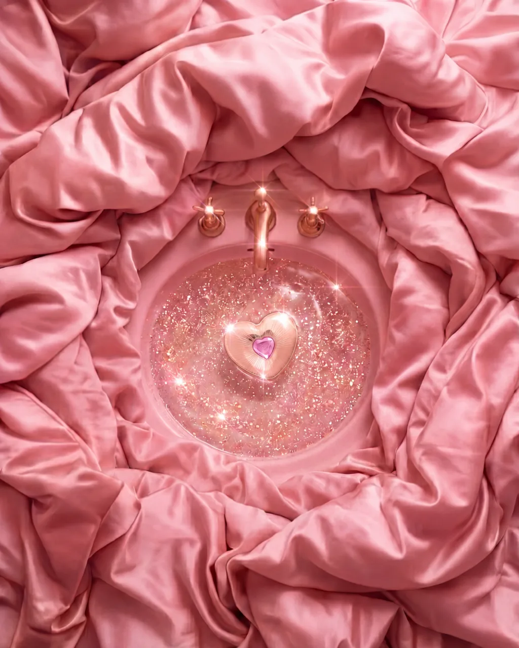 Charlotte Tilbury beauty concept campaign, heart-shaped blush compact on rose silk