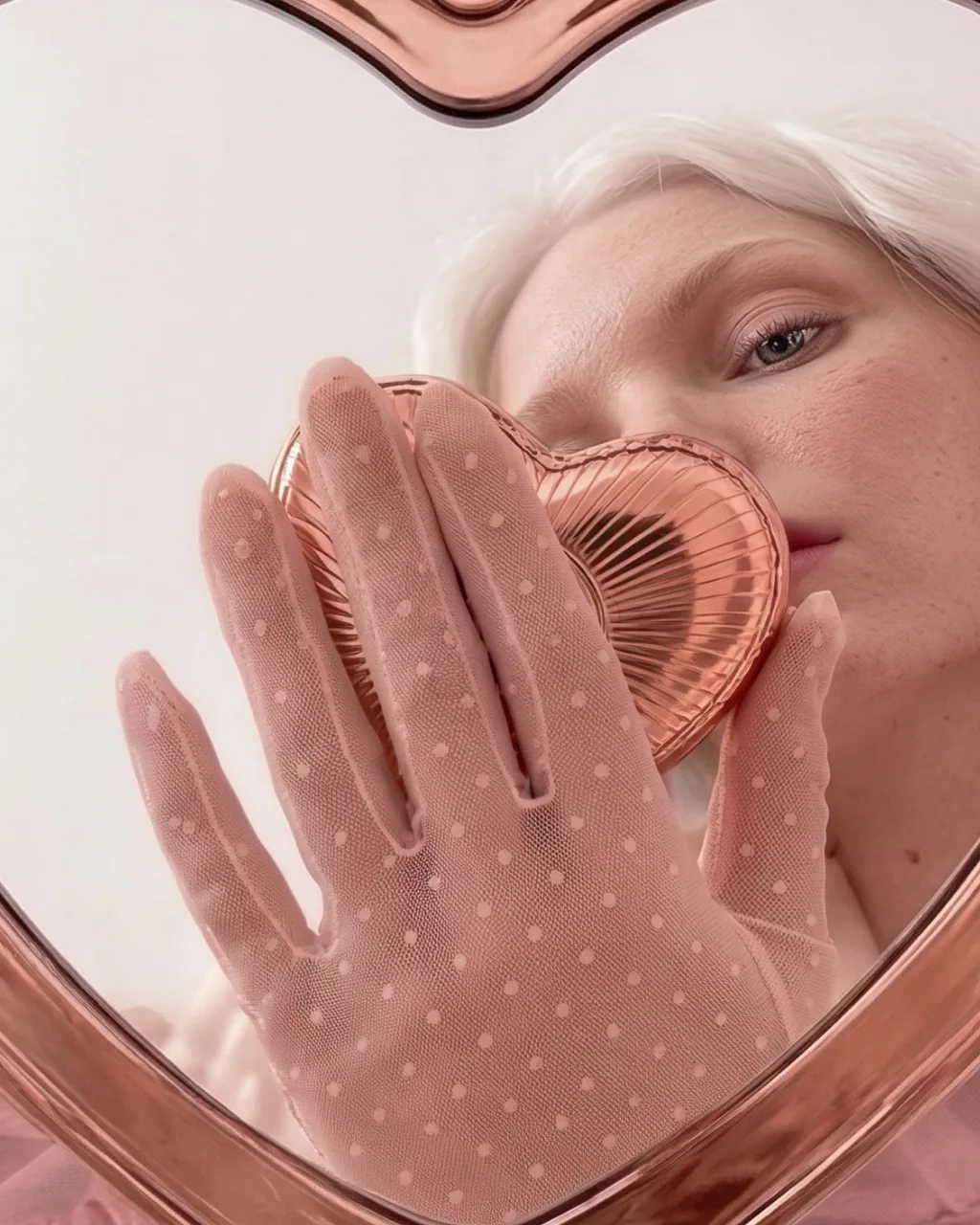 Charlotte Tilbury beauty concept campaign, model in a lace glove holding a heart compact