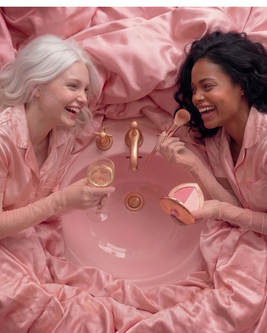 Charlotte Tilbury beauty concept campaign, two models applying blush in pink silk