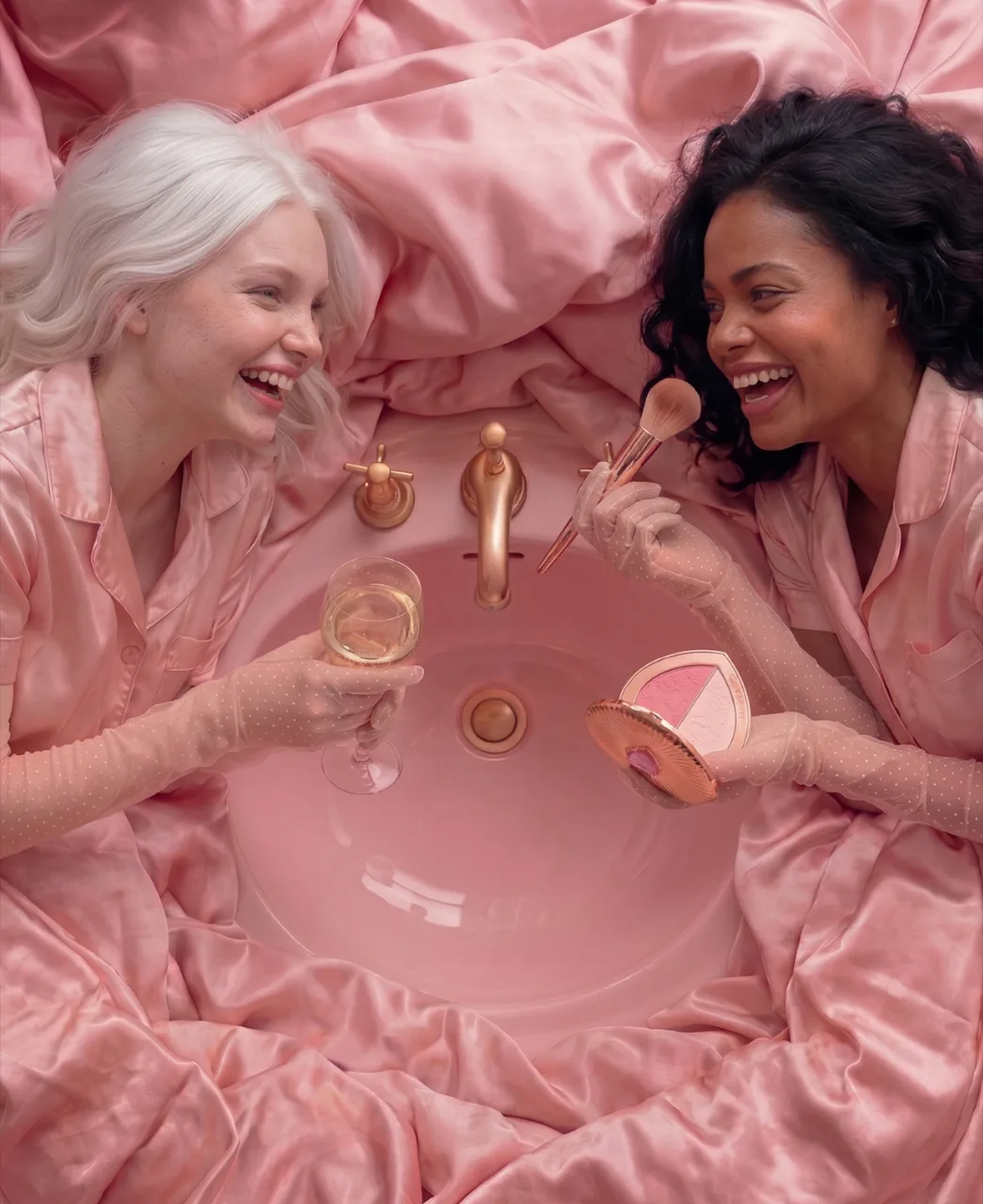 Two models applying blush in pink silk