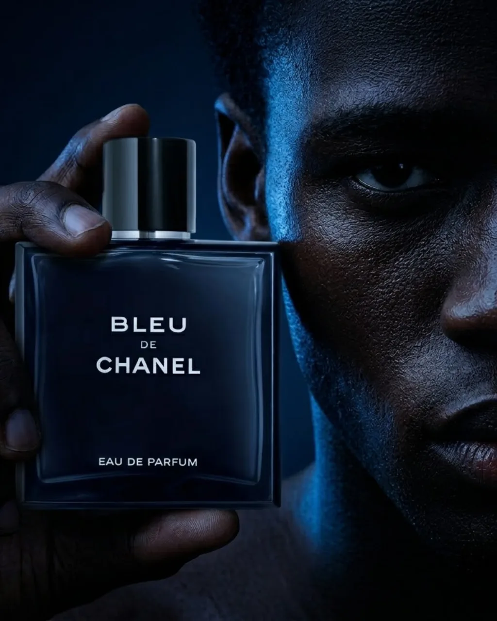 Bleu de Chanel fragrance concept campaign, model holding the bottle in deep blue light