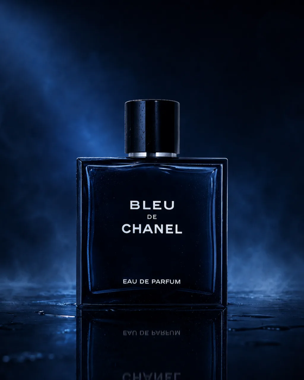 Bleu de Chanel fragrance product photography, bottle on a reflective surface in blue mist