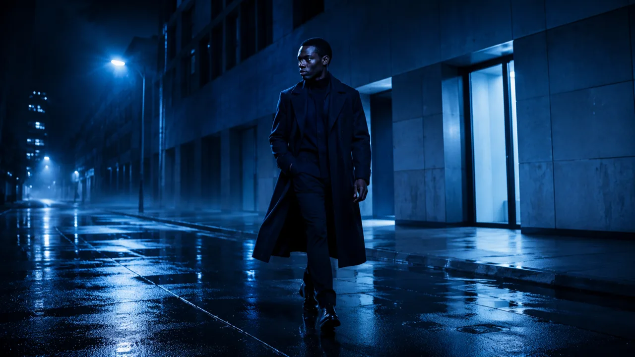 Model in a long dark coat walking a wet city street at night under blue light