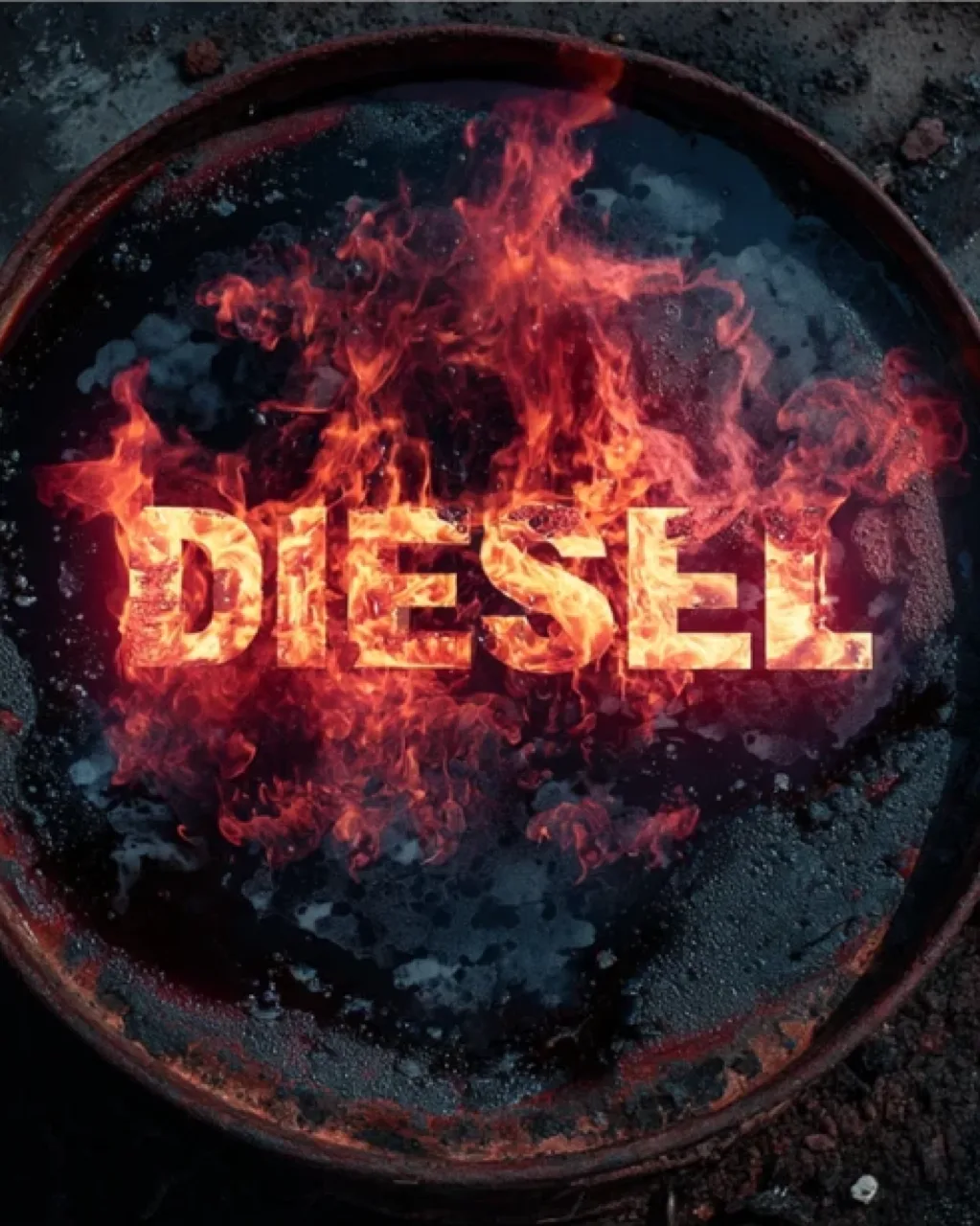 Diesel key visual: the Diesel name in flames inside a rusted barrel