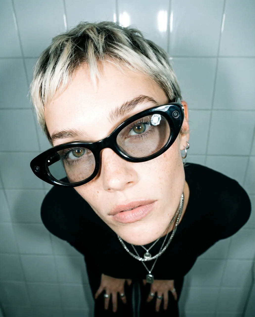 Meta smart glasses concept campaign, overhead portrait showing the gem-detail frame