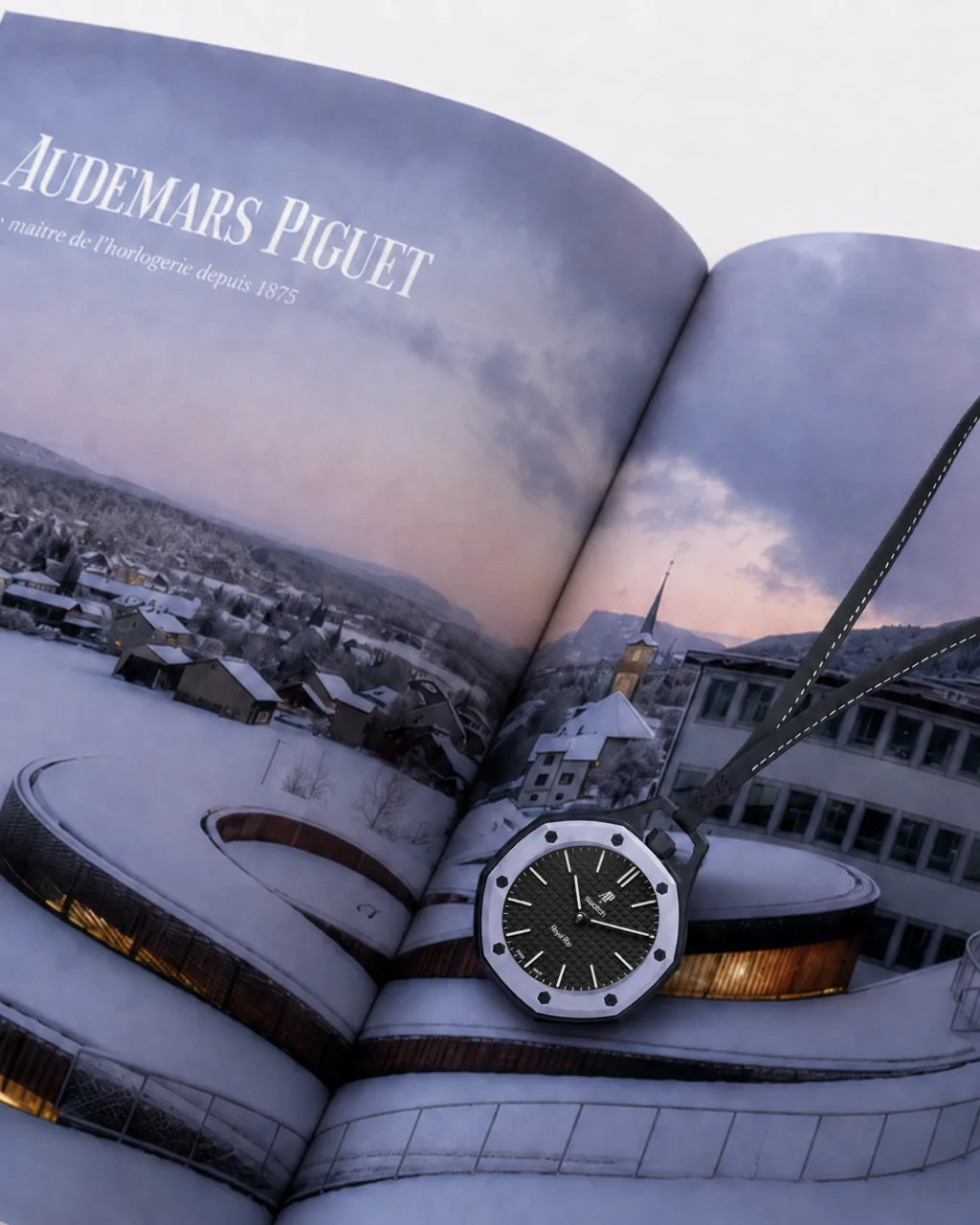 Royal POP concept campaign, watch charm resting on an open Audemars Piguet book