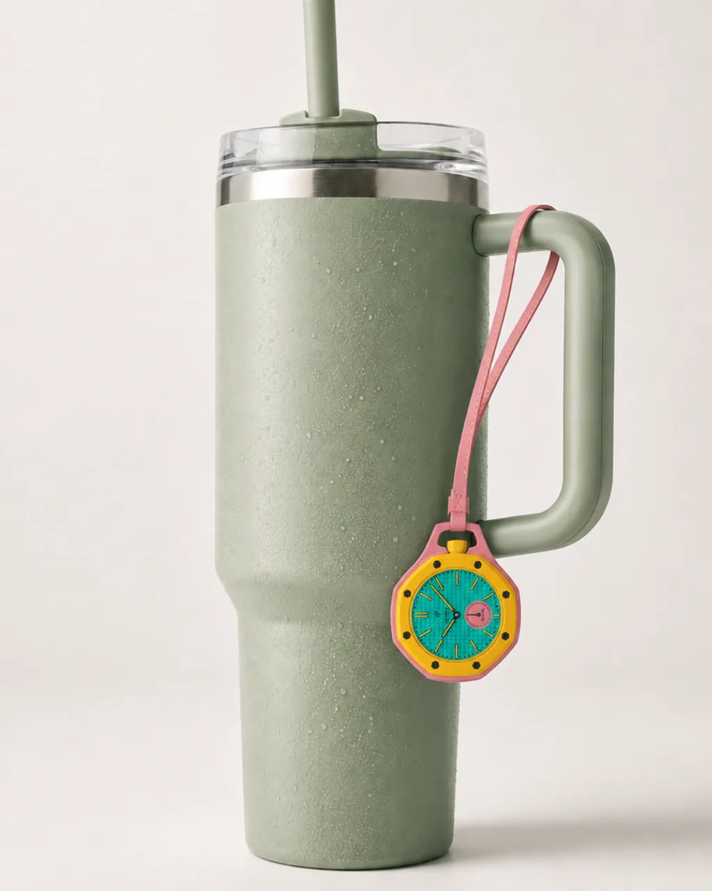 Royal POP concept campaign, watch charm clipped to a sage green travel tumbler