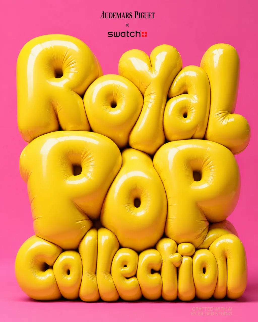Royal POP Collection key art, inflated yellow lettering for Audemars Piguet and Swatch