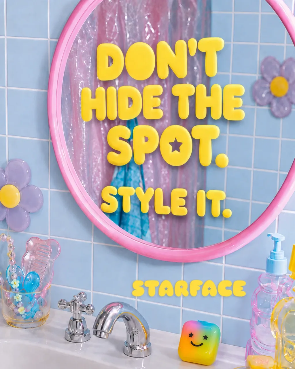 StarFace key visual: the line Don't hide the spot, style it, on a pink bathroom mirror, with the StarFace wordmark