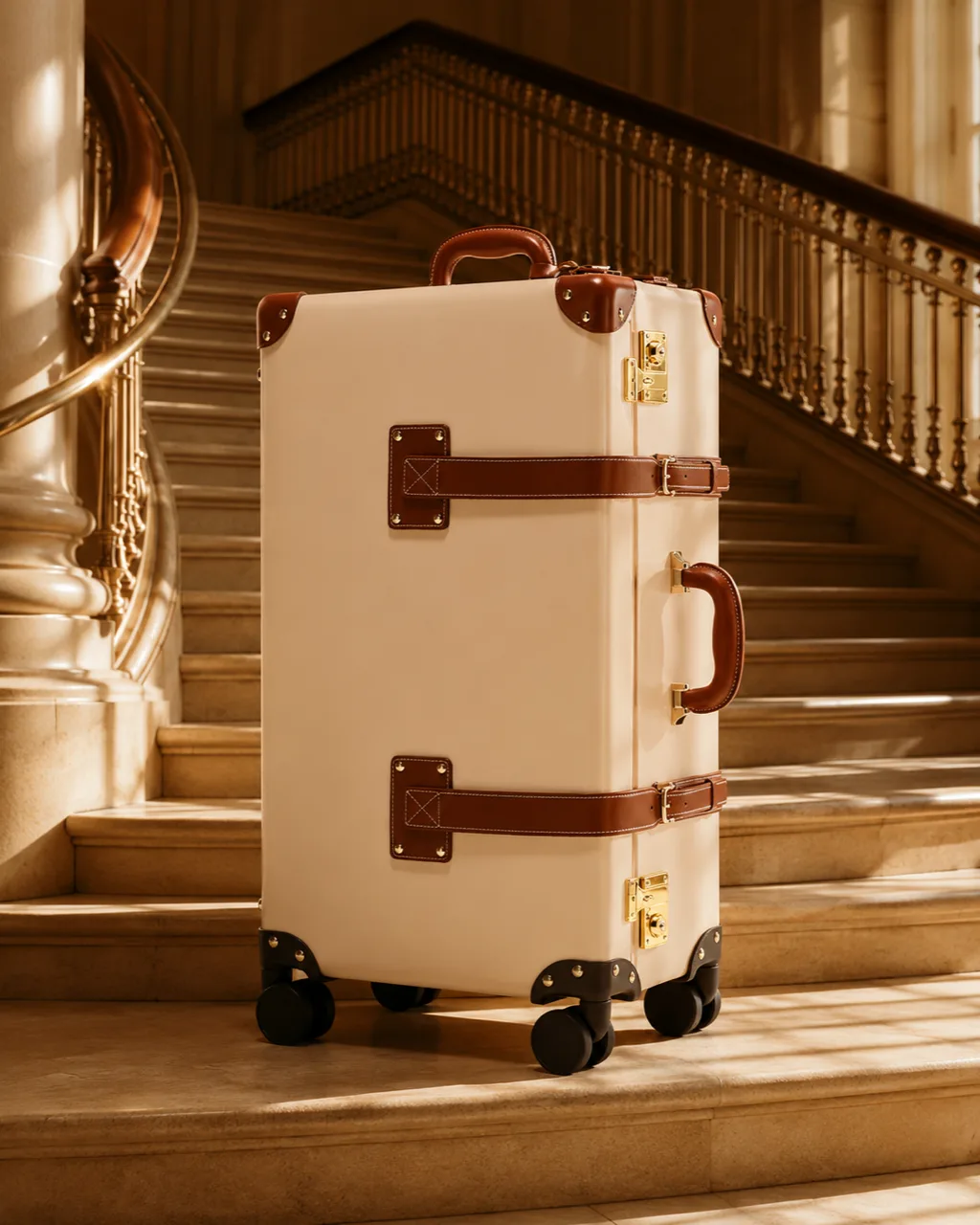 Steamline luggage concept campaign, trunk cases stacked on a staircase