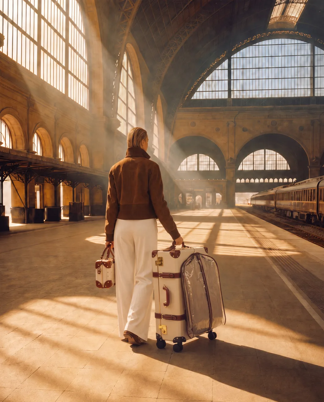 Steamline luggage concept campaign, traveller crossing a sunlit station hall with a trunk case