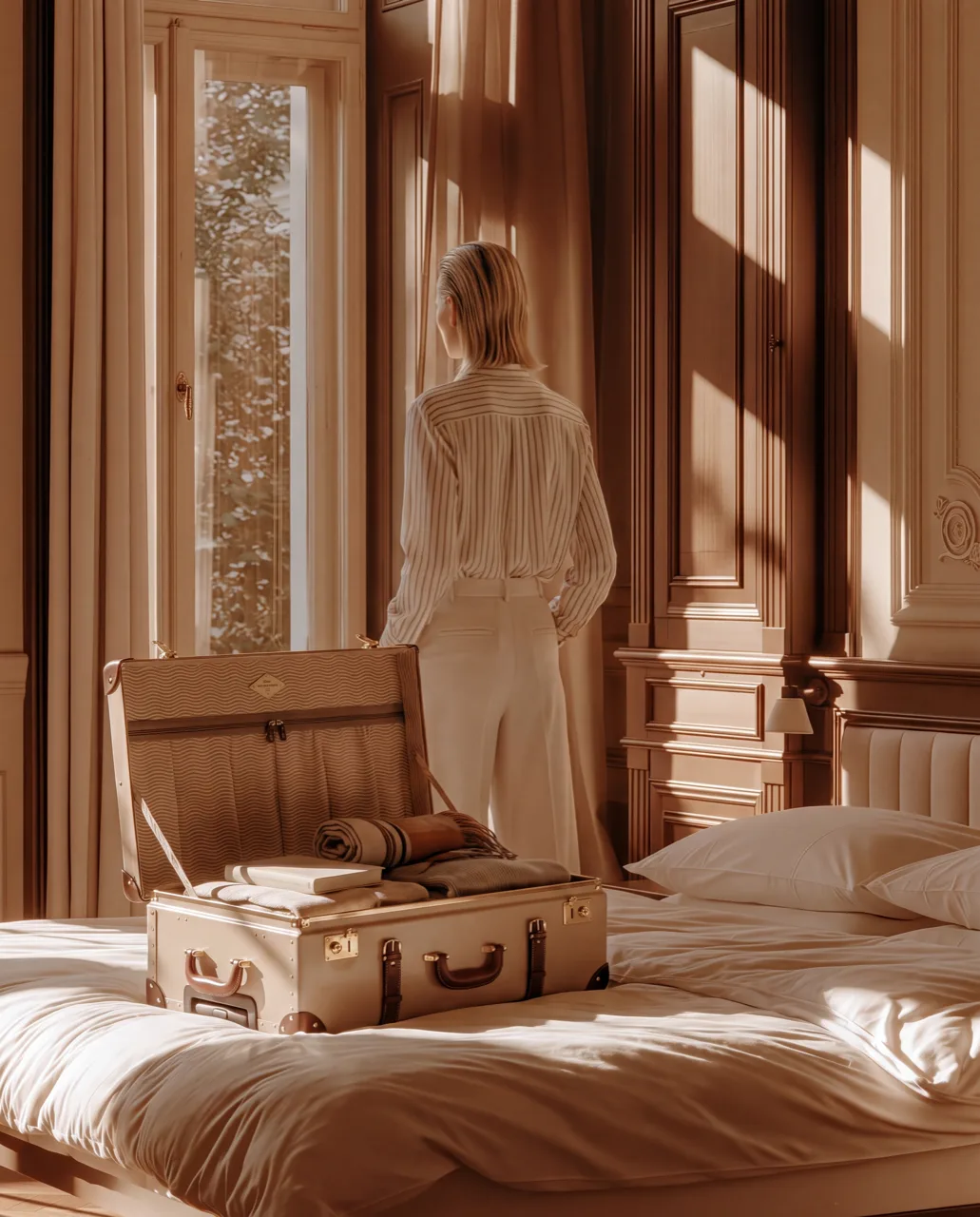Steamline luggage concept campaign, packed trunk case open on a hotel bed