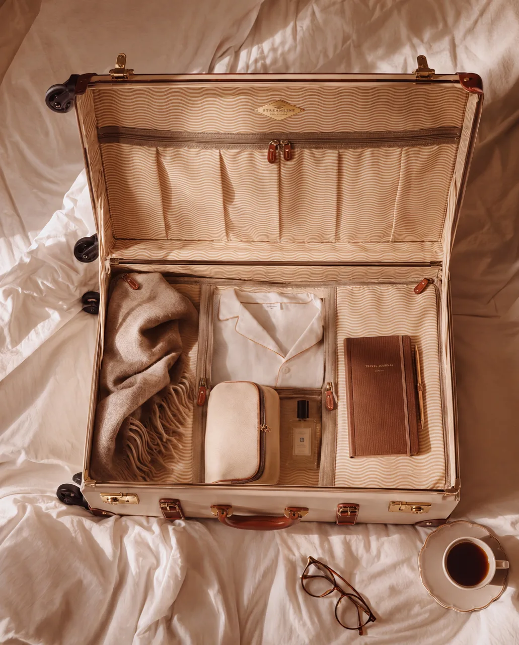 Steamline luggage, overhead flat lay of a packed trunk case on white linen