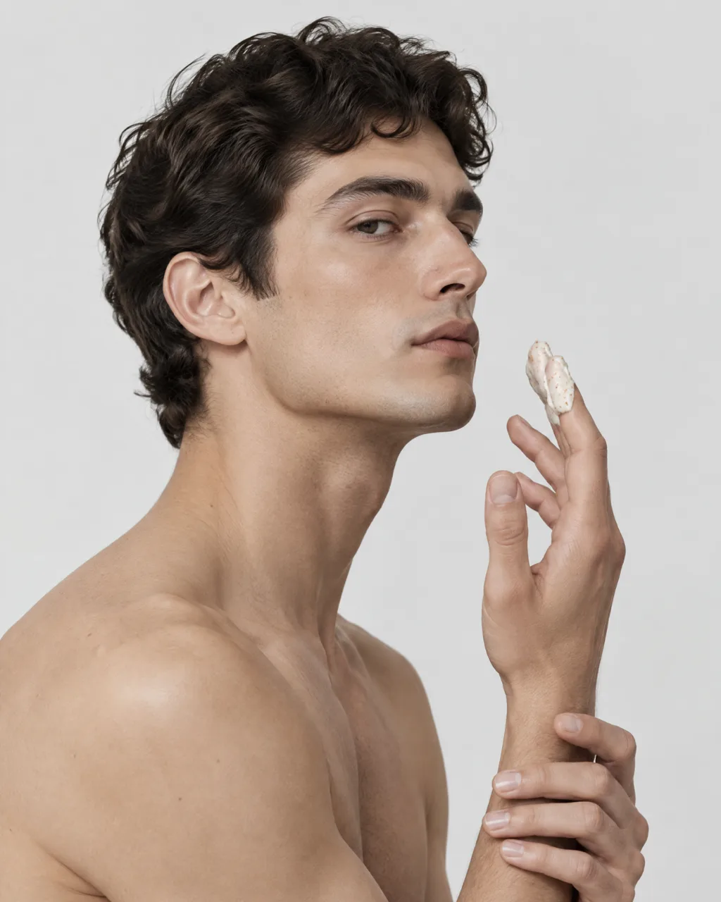 Typology body-care concept, male model applying the body scrub in profile
